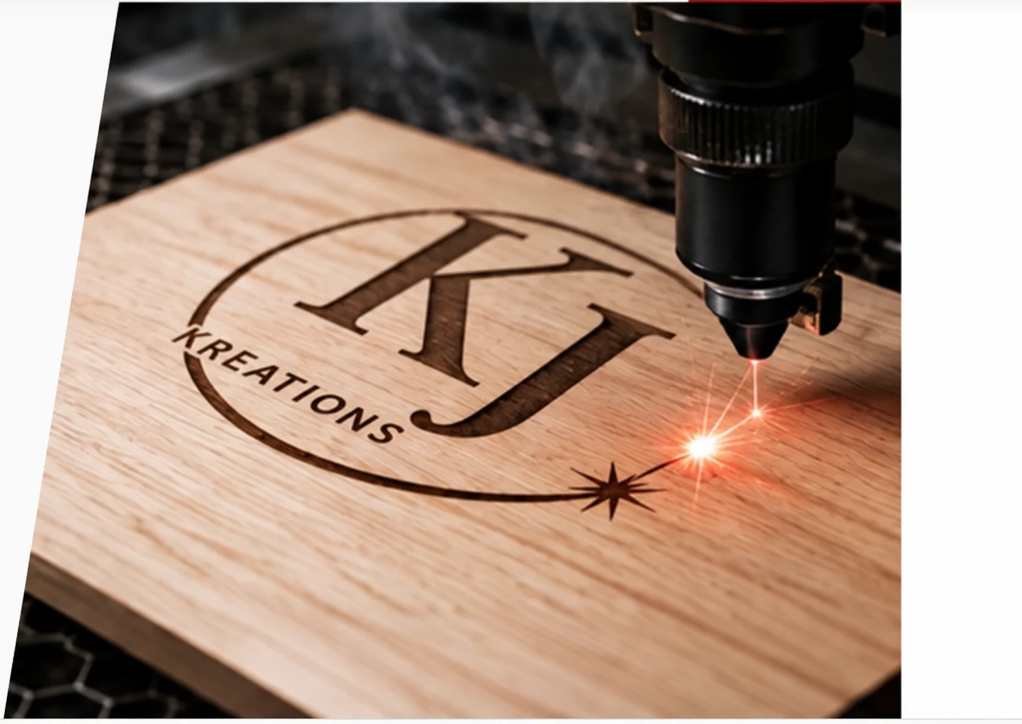 Laser engraving the K&J Kreations mark into wood